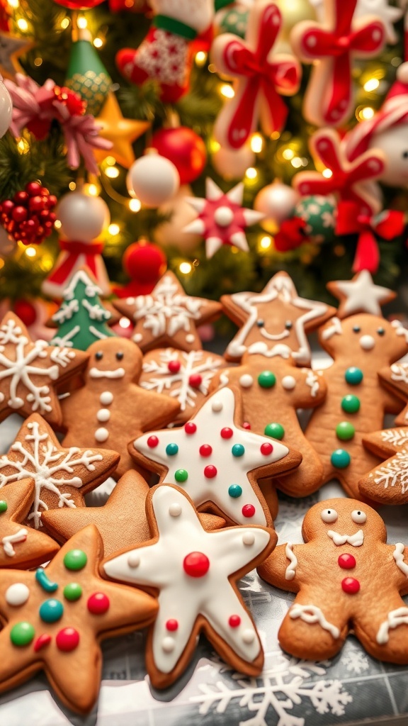 Decorated gingerbread cookies in festive shapes on a holiday-themed table.